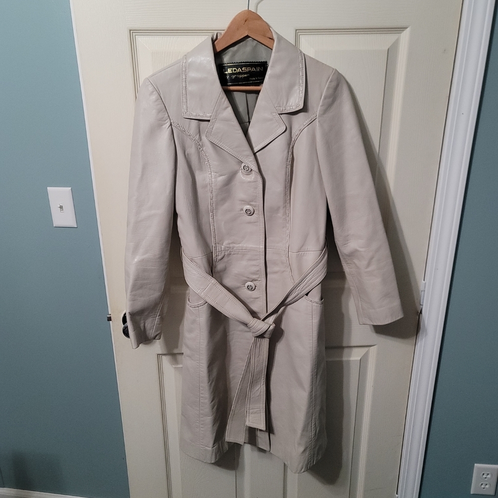 VTG 70's Leda Spain by Gropper 100% Leather Long Belted Trench Coat Womens Sz 10